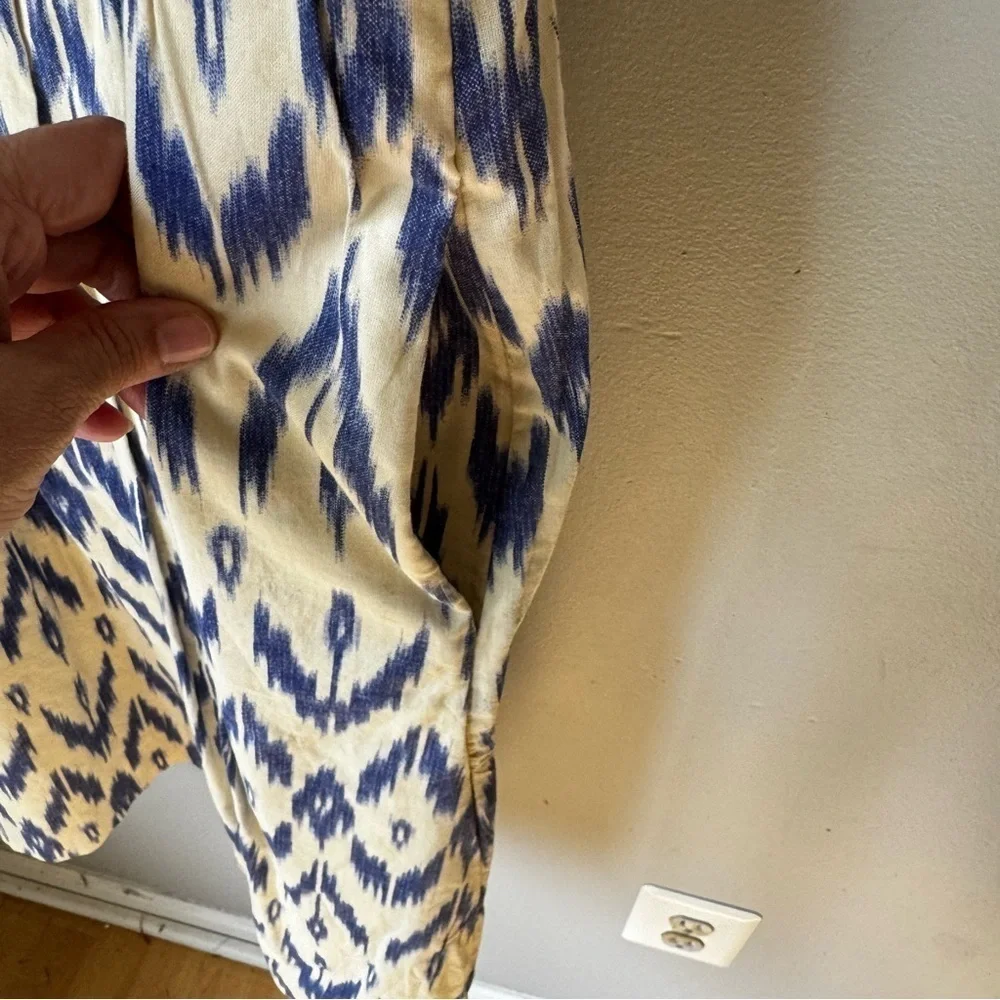 J Crew Cotton Blue White Geometric Tribal Print Lined Tie Strap Dress Sz 10